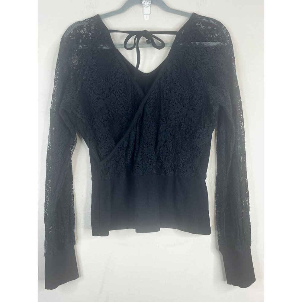 Whimsigoth Lace Top Womens XLarge Witchy Boho Surplice Neck Bow Back Layering